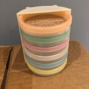 Tupperware Vintage Pastel Wagon Wheel Coaster Set & Carrier